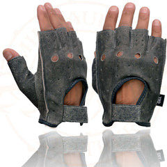 Milwaukee Leather MG7557 Men's Fingerless Distressed Gray Leather Gloves with Gel Padded Palm