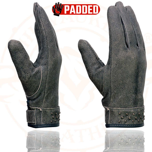 Milwaukee Leather MG7760 Women's Distressed Grey Leather Gloves with Gel Palms