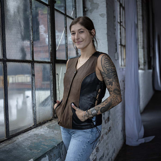 Milwaukee Leather MLL4508 Women's 'Trickster' 2 Tone Crazy Horse Brown/Black Leather Club Style Motorcycle Vest
