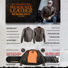 Milwaukee Leather MLM1508 Men's Distress Brown Leather Jacket with Utility Pockets