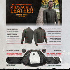 Milwaukee Leather MLM1536 Men's Vintage Grey 'Triple Vent' Leather Jacket