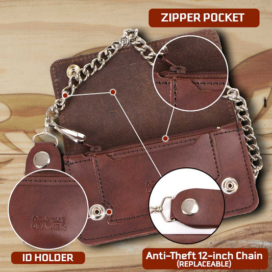 Milwaukee Leather MLW7884 Men's 6 InchAntique Brown Leather Bi-Fold Biker Wallet w/ Anti-Theft Stainless Steel Chain