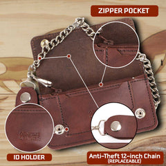 Milwaukee Leather MLW7884 Men's 6 InchAntique Brown Leather Bi-Fold Biker Wallet w/ Anti-Theft Stainless Steel Chain