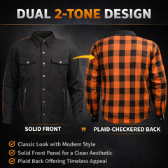 Milwaukee Leather Men’s Two-Tone CE Orange and Black Armored Flannel - Solid Front / Plaid Back - Reinforced w/ Aramid Fibers - MPM1672