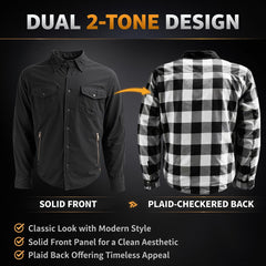 Milwaukee Leather Men’s Two-Tone CE Armored Flannel - Solid Front / Plaid Back - Reinforced w/ Aramid Fibers - MPM1673