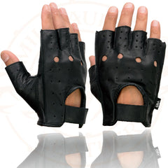 Milwaukee Leather SH195 Men's 'Open Knuckles' Black Leather Fingerless Gloves with Gel Palm