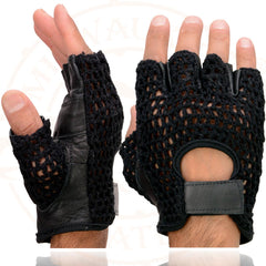 Milwaukee Leather SH219 Men’s Black Leather and Mesh Fingerless Gloves with Padded Palm