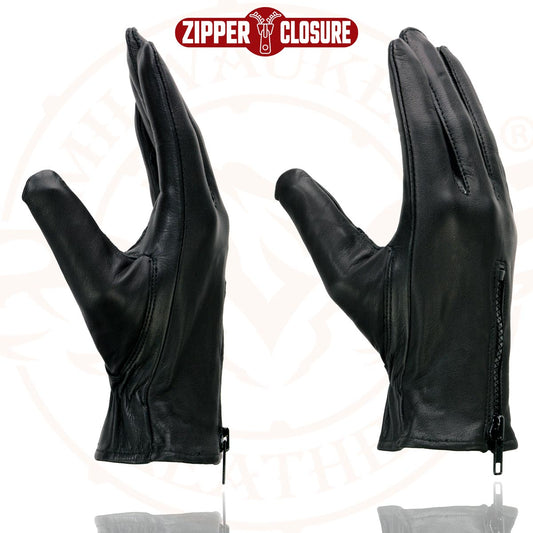Milwaukee Leather SH226D Men's Black Unlined Leather Gloves with Zipper Closure