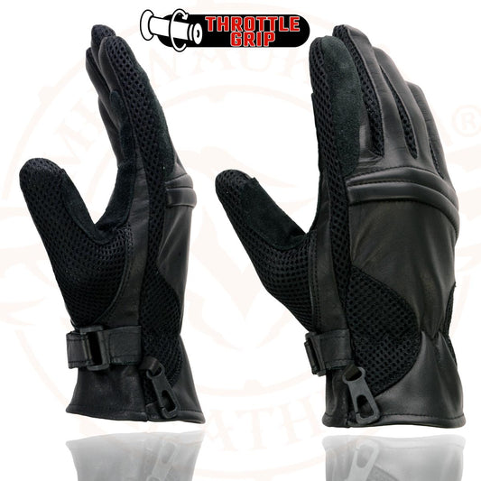 Milwaukee Leather SH296 Men's Black Leather Mesh Racing Motorcycle Riders Gloves w/ Padded Knuckle