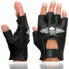Milwaukee Leather SH353 Men's 'Skull and Bones' Black Leather Fingerless Gloves