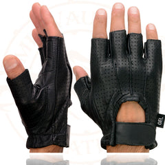 Milwaukee Leather SH357 Men's Black Perforated Leather Fingerless Gloves with Gel Palm
