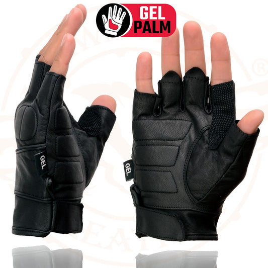 Milwaukee Leather SH462 Men's Black Fingerless Leather Gloves with Gel Palm