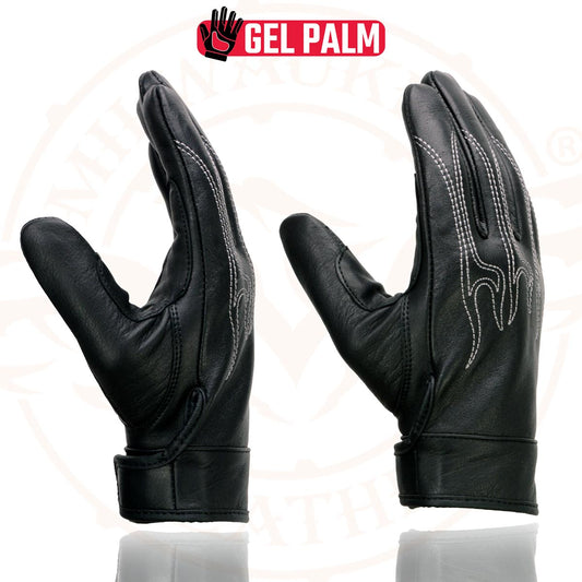 Milwaukee Leather SH820 Men's 'White Flames' Leather Cruising Gloves with Gel Palm