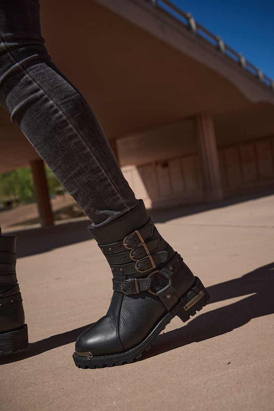 Milwaukee Leather MBL9399 Women's 9-Inch Triple Buckle Black Leather Harness Biker Boots w/ Side Zipper Entry
