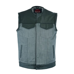 Men's Perforated Leather/Denim Combo Vest (Black/ Ash Gray)