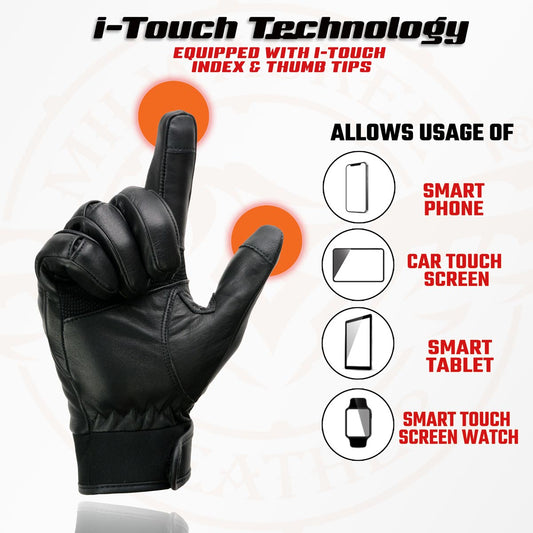 Milwaukee Leather MG7525 Men's 'iTouch' Black Leather Riding Gloves with Stretch Knuckles