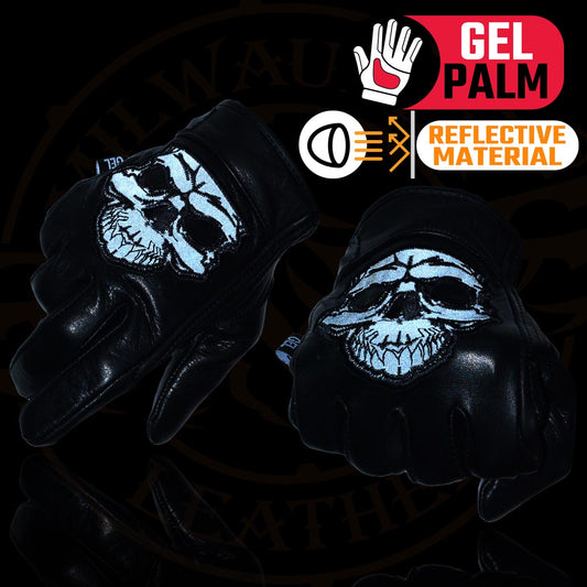 Milwaukee Leather MG7570 Men's ‘Reflective Skull’ Black Leather Gloves with Gel Palm
