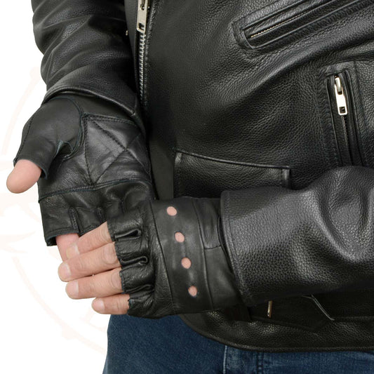 Milwaukee Leather SH216 Men's Black Leather Fingerless Glove with Padded Palm