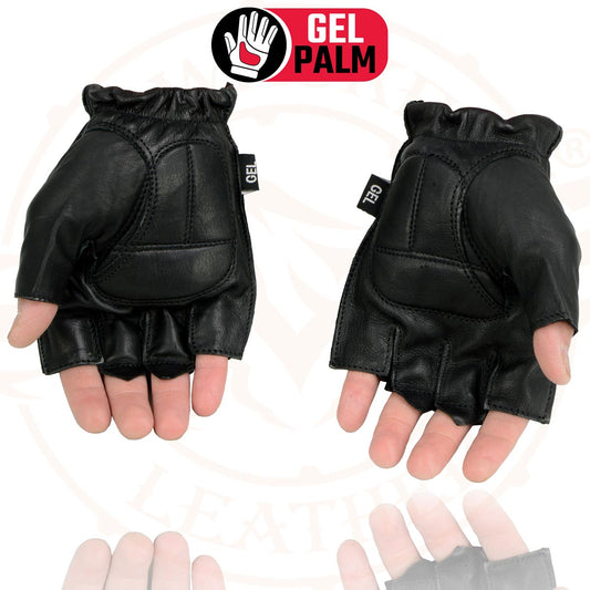 Milwaukee Leather SH442 Men's Black Leather Full Panel Fingerless Gloves with Gel Palm