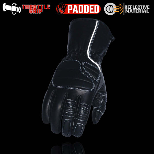 Milwaukee Leather SH607 Men's Black Leather Thermal Lined Padded Back Racing Gloves with Reflective Piping