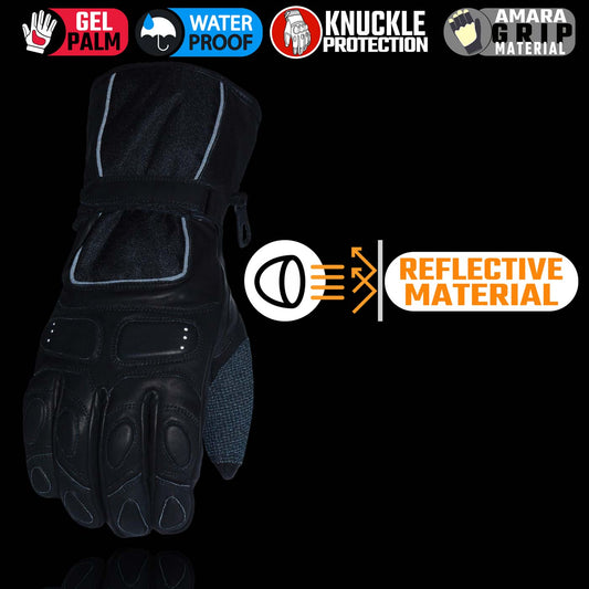 Milwaukee Leather Men's Black Gauntlet Motorcycle Hand Gloves-Waterproof Textile and Leather Reflective Piping-SH814