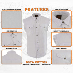 Milwaukee Leather DM4006 Men's White Lightweight Sleeveless Denim Shirt