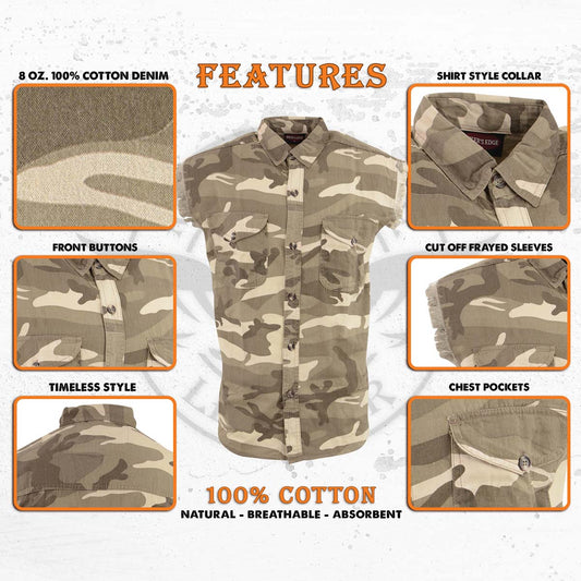 Milwaukee Leather DM4009 Men's Sand Camo Lightweight Sleeveless Denim Shirt