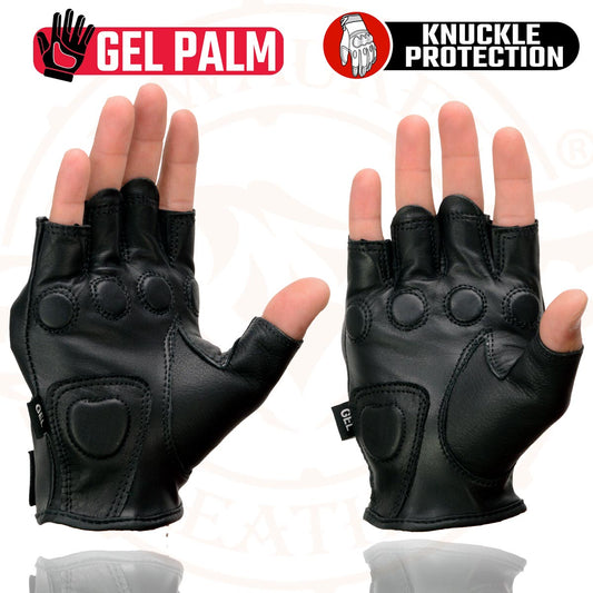 Milwaukee Leather MG7555 Men's Black 'Hard Knuckles' Leather Fingerless Glove with Gel Palm