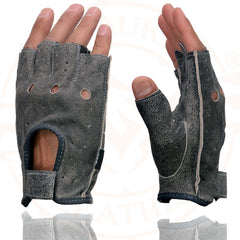 Milwaukee Leather MG7557 Men's Fingerless Distressed Gray Leather Gloves with Gel Padded Palm