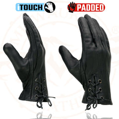 Milwaukee Leather MG7770 Women's 'Laced Wrist' Black Leather Riding Glove with Gel Palms