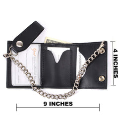 Milwaukee Leather MLW7831 Men's 4" Classic Black Plain Genuine Leather Tri-Fold Biker Wallet w/ Anti-Theft Stainless Steel Chain