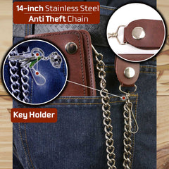 Milwaukee Leather MLW7884 Men's 6 InchAntique Brown Leather Bi-Fold Biker Wallet w/ Anti-Theft Stainless Steel Chain