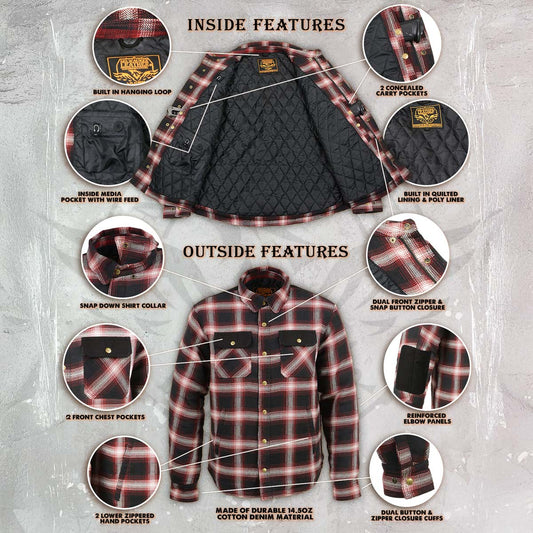 Milwaukee Leather Men's Red and Black Heavy-Duty Checkered Flannel Riding Shirt - Warm Lined - Zippered Hand Pockets - MPM1637