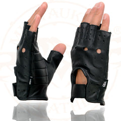 Milwaukee Leather SH195 Men's 'Open Knuckles' Black Leather Fingerless Gloves with Gel Palm