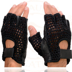 Milwaukee Leather SH219 Men’s Black Leather and Mesh Fingerless Gloves with Padded Palm
