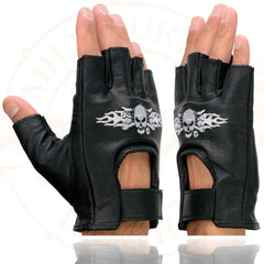 Milwaukee Leather SH353 Men's 'Skull and Bones' Black Leather Fingerless Gloves