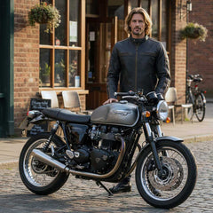 Milwaukee Leather Men’s Copperline Black Leather Moto Café Racer Jacket, Stand Collar, 6 Pockets - SFM1816