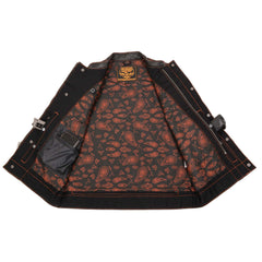 Milwaukee Leather MDM3037 Men’s Wrecker Club Vest – Black Denim & Leather, Diamond Quilt, Orange Stitch