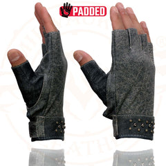 Milwaukee Leather MG7761 Women's Fingerless Distressed Gray Leather Gloves with Gel Palms