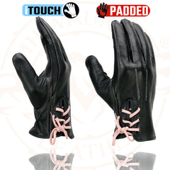 Milwaukee Leather MG7772 Women's 'Laced Wrist' Black and Fuchsia Leather Riding Gloves with Gel Palms