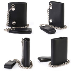 Milwaukee Leather MLW7831 Men's 4" Classic Black Plain Genuine Leather Tri-Fold Biker Wallet w/ Anti-Theft Stainless Steel Chain