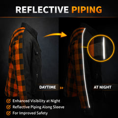 Milwaukee Leather Men’s Two-Tone CE Orange and Black Armored Flannel - Solid Front / Plaid Back - Reinforced w/ Aramid Fibers - MPM1672