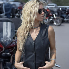 Milwaukee Leather SH1227L Women's Black Leather Side Laces Classic Western Motorcycle Rider Vest w/ Snap Closure