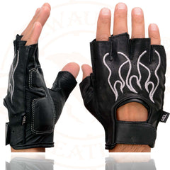Milwaukee Leather SH198 Men's Black Leather Gel Padded Palm Fingerless Motorcycle Gloves w/ Grey Flame Embroidery