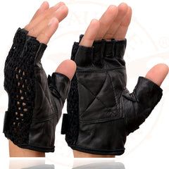 Milwaukee Leather SH219 Men’s Black Leather and Mesh Fingerless Gloves with Padded Palm