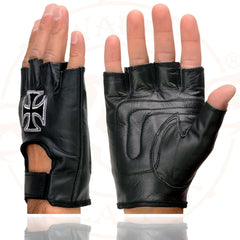 Milwaukee Leather SH354 Men's 'Iron Cross' Black Leather Fingerless Gloves