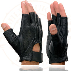 Milwaukee Leather SH357 Men's Black Perforated Leather Fingerless Gloves with Gel Palm