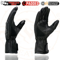 Milwaukee Leather SH607 Men's Black Leather Thermal Lined Padded Back Racing Gloves with Reflective Piping