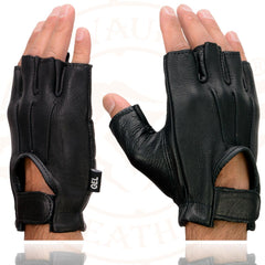 Milwaukee Leather SH878 Men's Black Welted Genuine USA Deerskin Leather Gel Palm Fingerless Motorcycle Gloves
