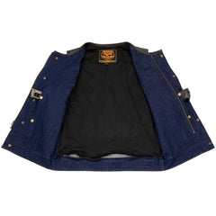 Milwaukee Leather MDM3004 Men's 'Brute' Concealed Snap Blue Denim and Black Leather Club Style Vest w/ Hidden Zipper